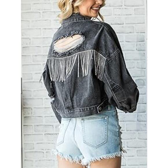 Blue B Boutique Dark Ripped Crop Rhinestone Fringe Denim Jacket S/M - Picture 1 of 7